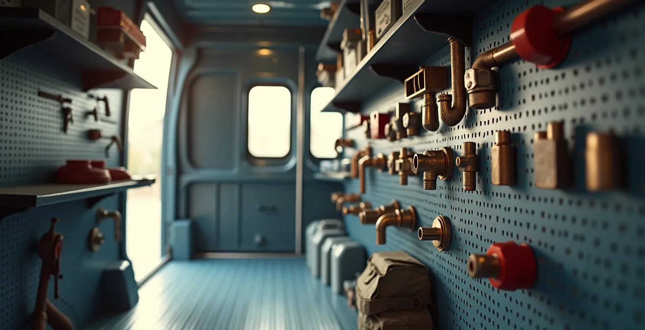 Organized plumbing tools and materials in professional van setup