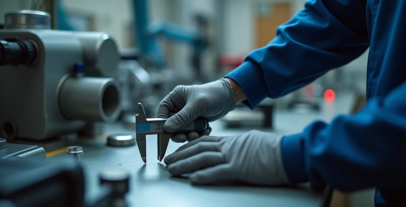 Hands examining critical component with precision tools showing controlled failure points
