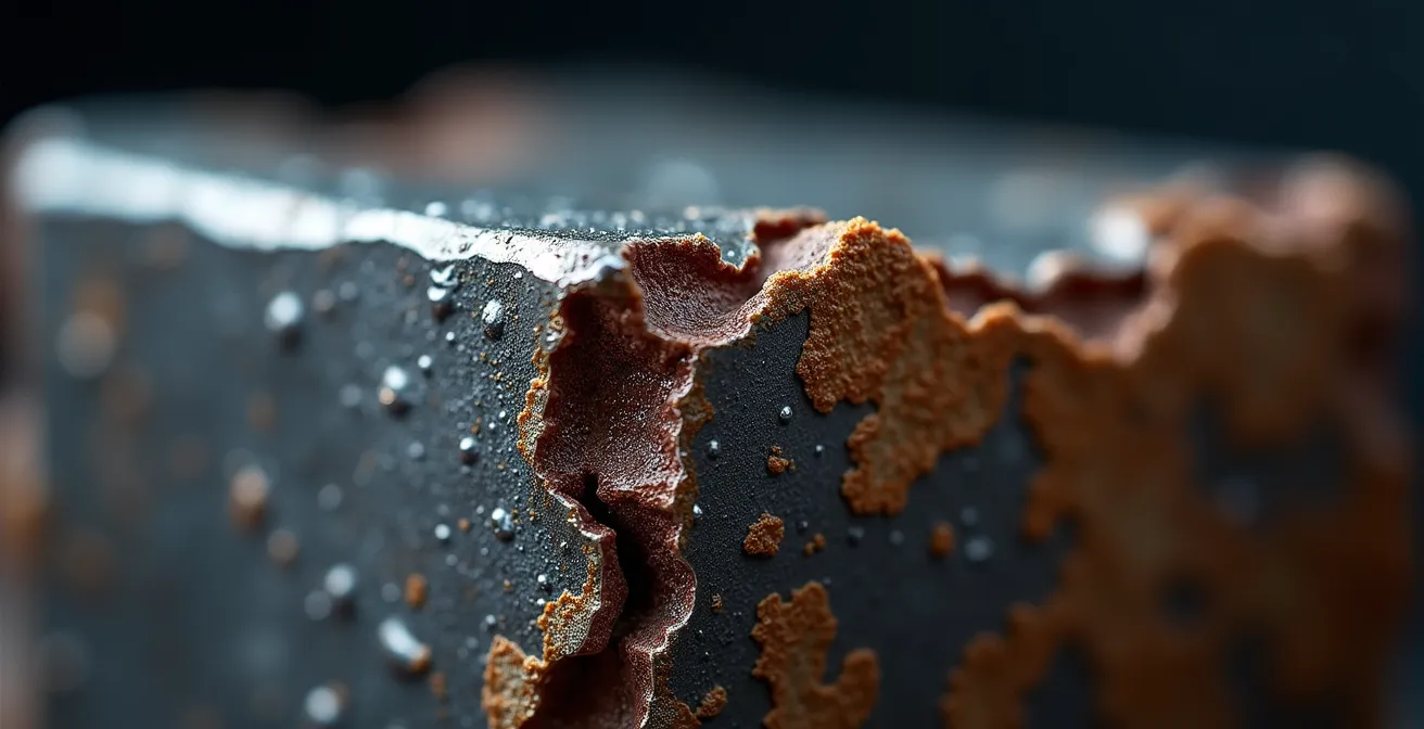 Extreme close-up of dissimilar metals showing corrosion patterns