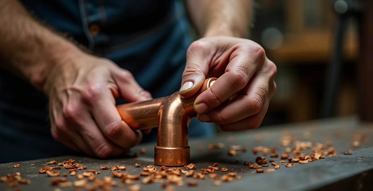 Close-up of experienced plumber's hands examining copper pipe fitting