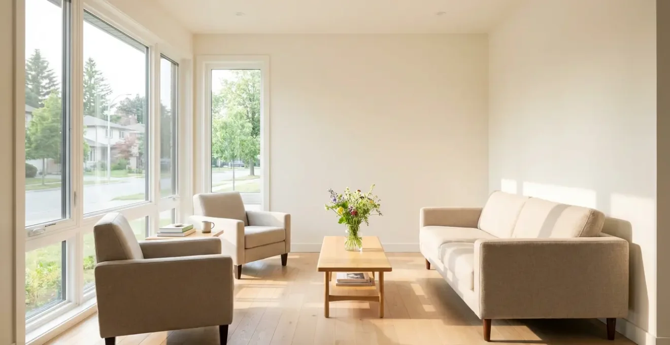 Expert cleaning services result: bright modern living room with clean hardwood floors and morning sunlight