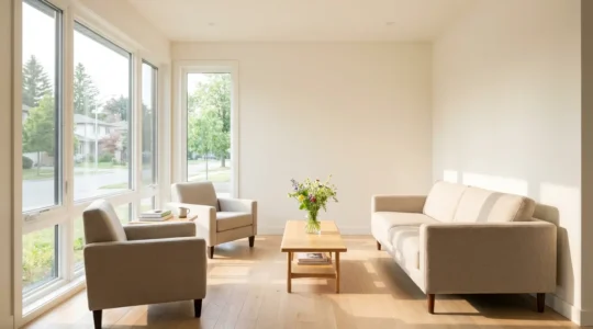 Expert cleaning services result: bright modern living room with clean hardwood floors and morning sunlight