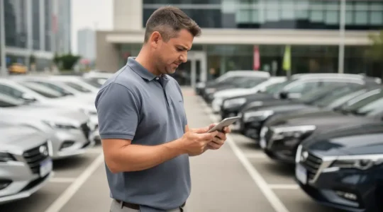 Fleet operations manager reviewing tablet in organized vehicle rental lot