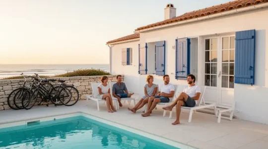 Family relaxing on Île de Ré villa terrace with pool and bicycles visible