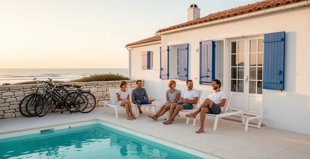 Family relaxing on Île de Ré villa terrace with pool and bicycles visible