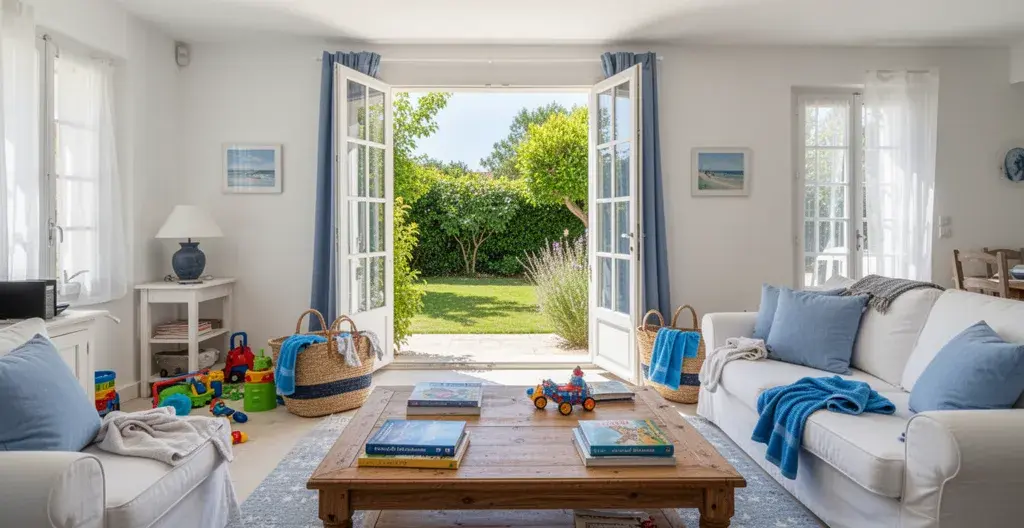 Spacious Île de Ré villa living room with beach bags and open doors to garden