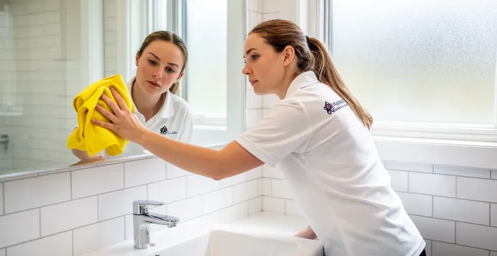 Professional cleaner wiping bathroom mirror—expert cleaning services in action
