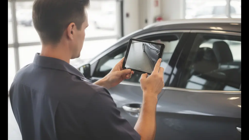 Rental staff conducting digital vehicle inspection with tablet device