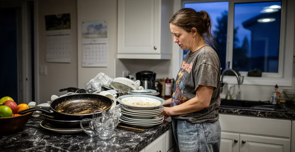Homeowner facing pile of dishes after long workday—cleaning services solve this exhaustion