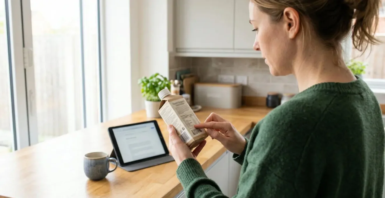 A person in their thirties examining a wellness product label while seated at a bright kitchen table near a window