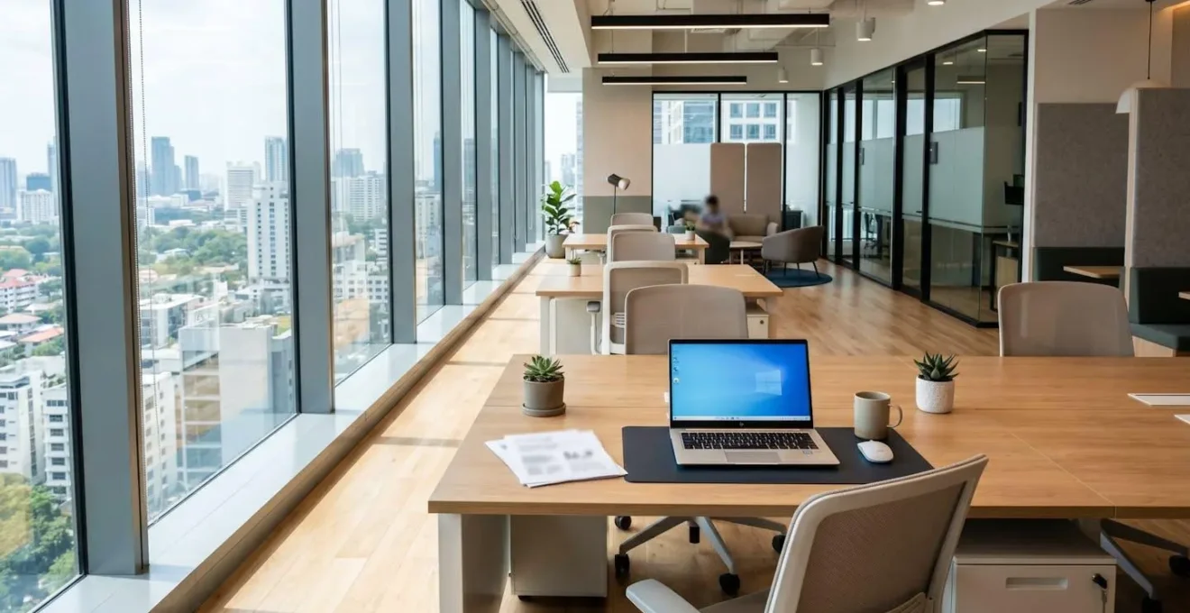 Modern insurance broker office interior with clean contemporary workspace, empty desk with laptop and documentation, bright professional environment suggesting financial planning context