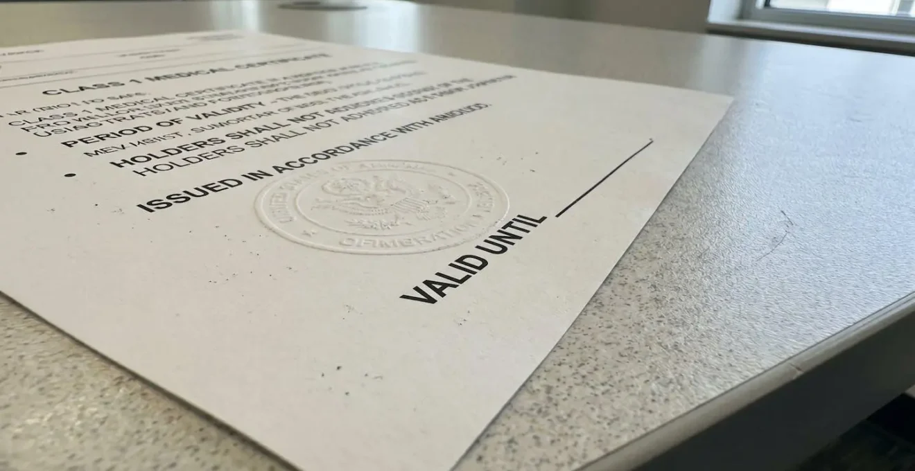 Extreme close-up of pilot licence documentation showing certification stamps and validity dates, with shallow depth of field on a clean modern desk surface