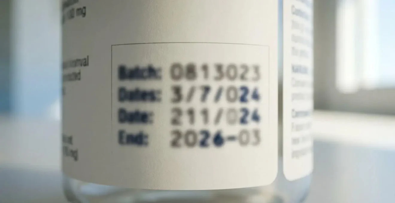 Extreme close-up of a wellness product label showing batch number area and expiry date with shallow depth of field