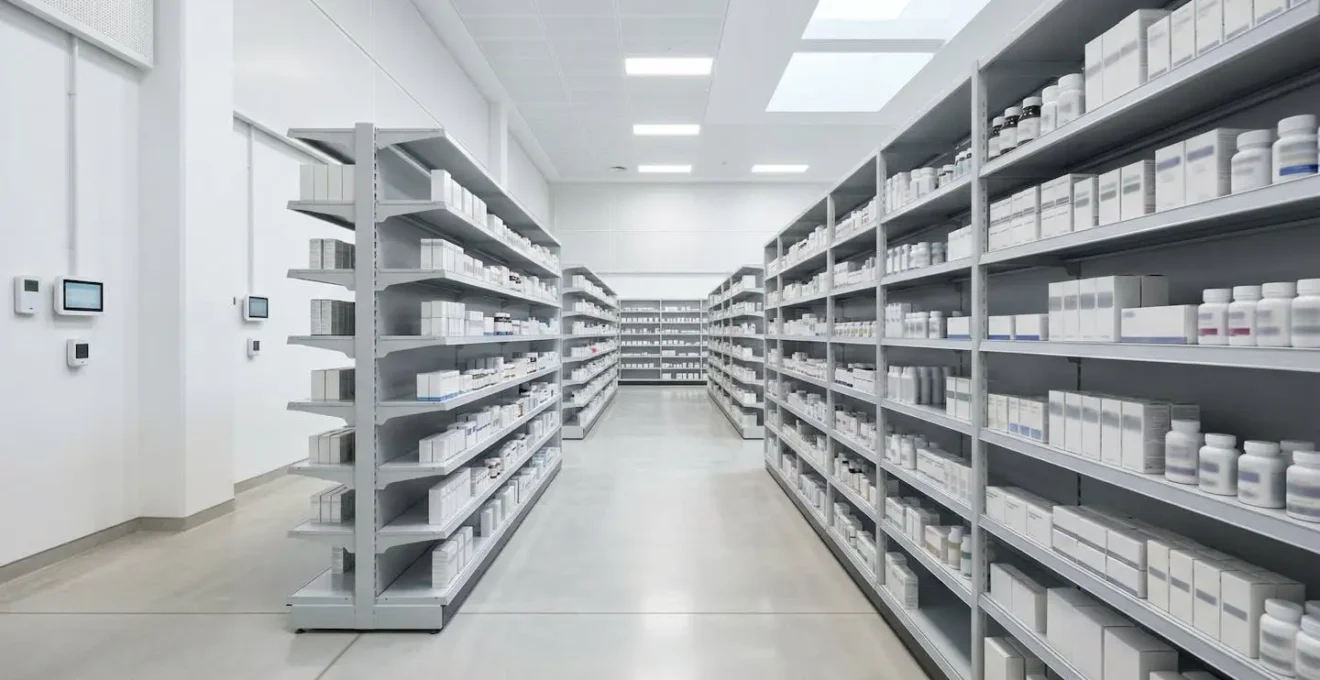 Wide-angle view of a contemporary pharmaceutical storage facility with organized shelving and bright professional lighting