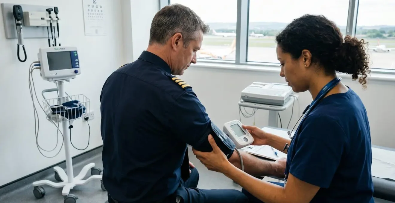 Profile view of a pilot during cardiovascular screening examination in a clean contemporary medical facility, with examiner partially visible conducting assessment