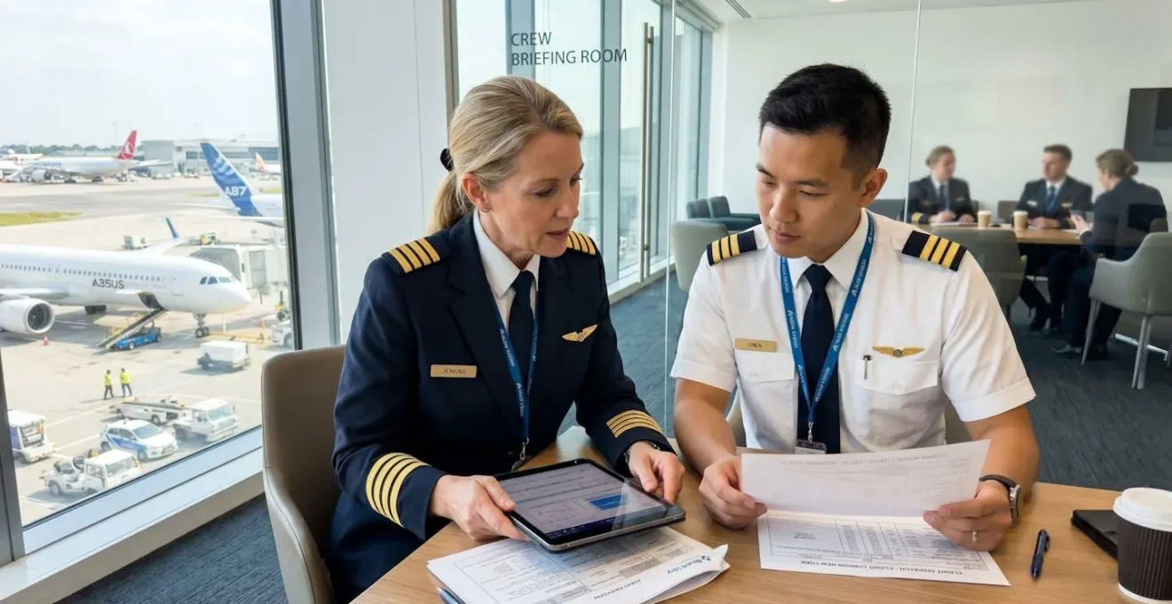 Two airline pilots in contemporary uniform reviewing flight documentation together in a bright modern crew briefing room