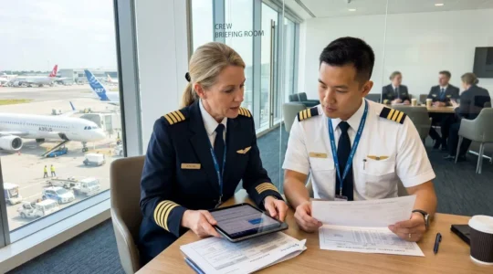 Two airline pilots in contemporary uniform reviewing flight documentation together in a bright modern crew briefing room