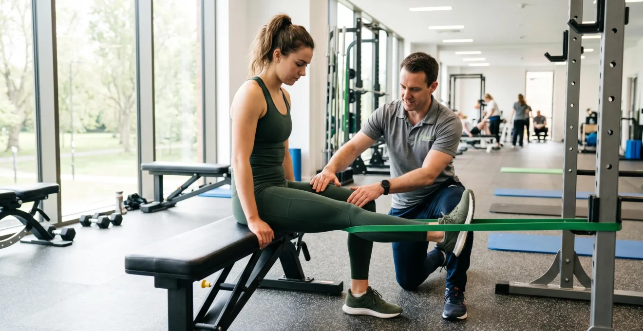Athletic patient performing knee rehabilitation exercises with a physiotherapist after ACL surgery