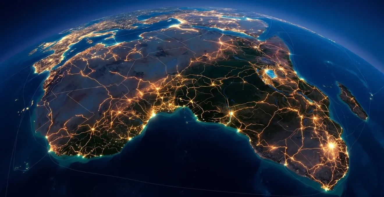 Aerial view of African continent at sunset showing illuminated network of light pathways connecting major cities across borders