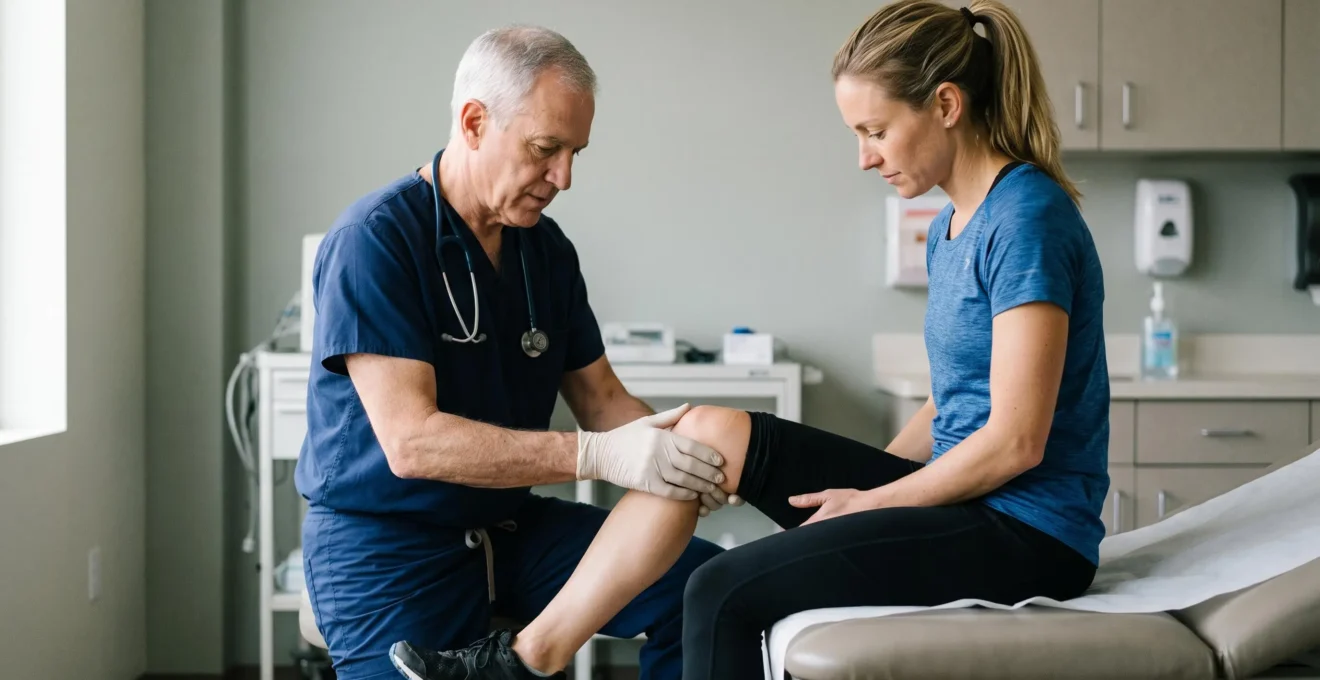 Orthopedic surgeon examining a patient's knee before ACL reconstruction surgery
