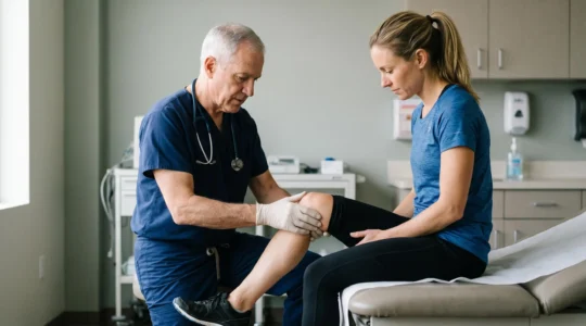 Orthopedic surgeon examining a patient's knee before ACL reconstruction surgery