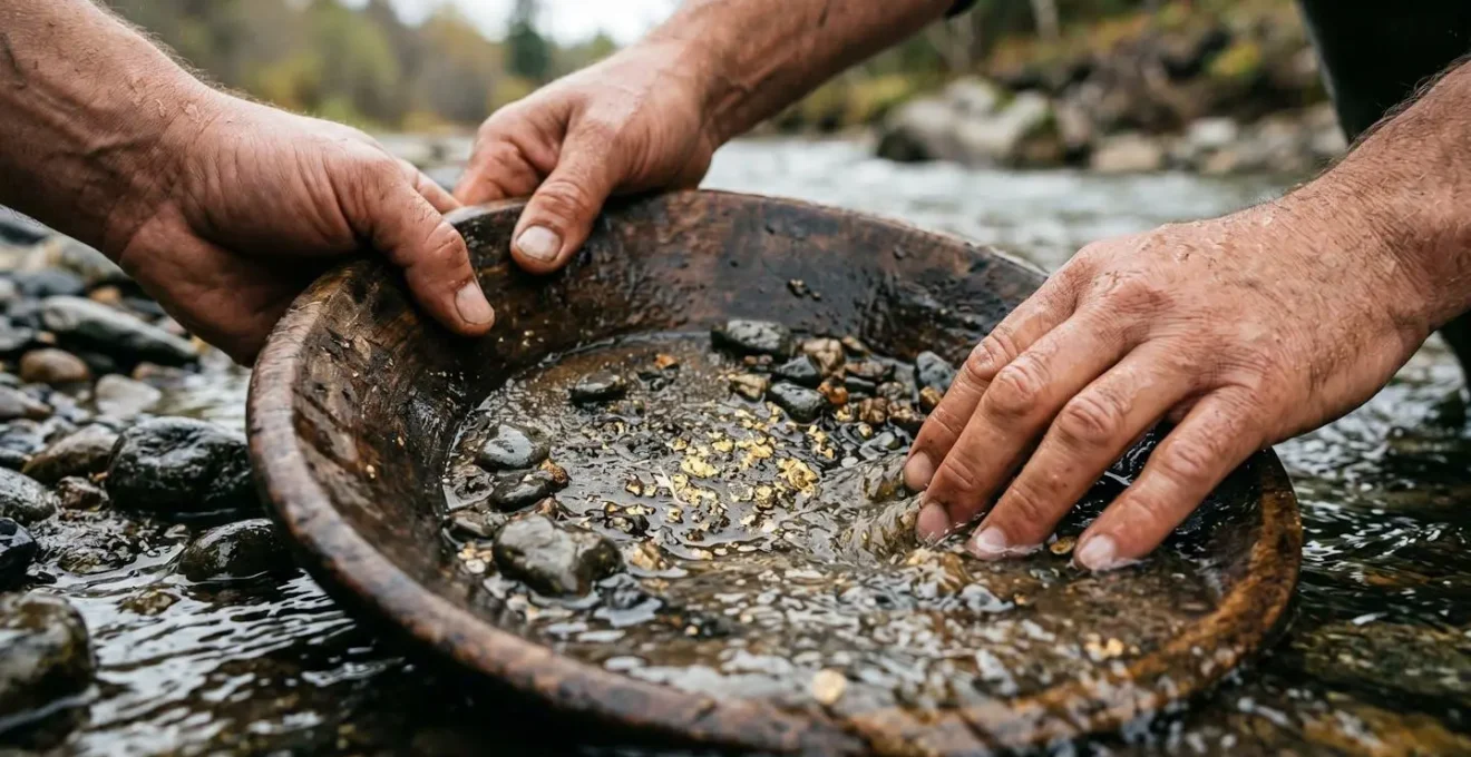 Close-up of hands sifting through river stones in traditional panning bowl revealing golden mineral deposits among darker sediment