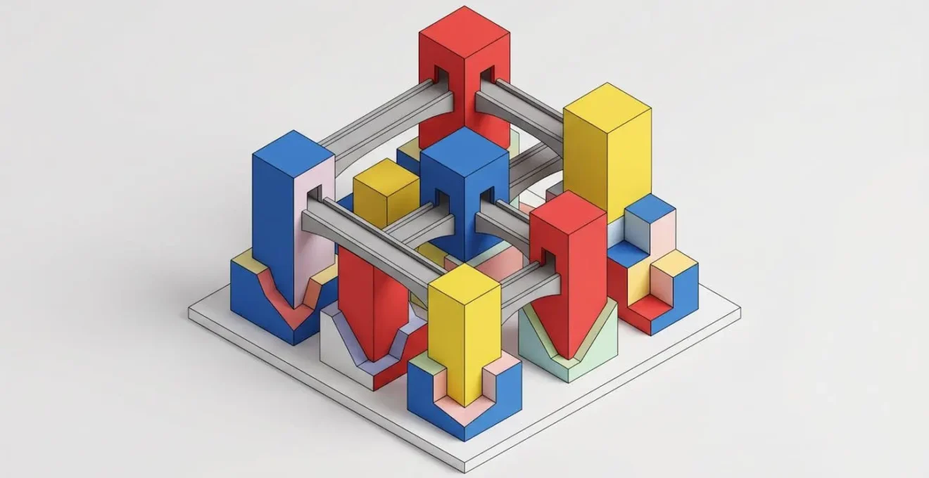 Isometric illustration of interlocking geometric blocks in primary colors connected by bridge elements representing multi-jurisdiction complexity