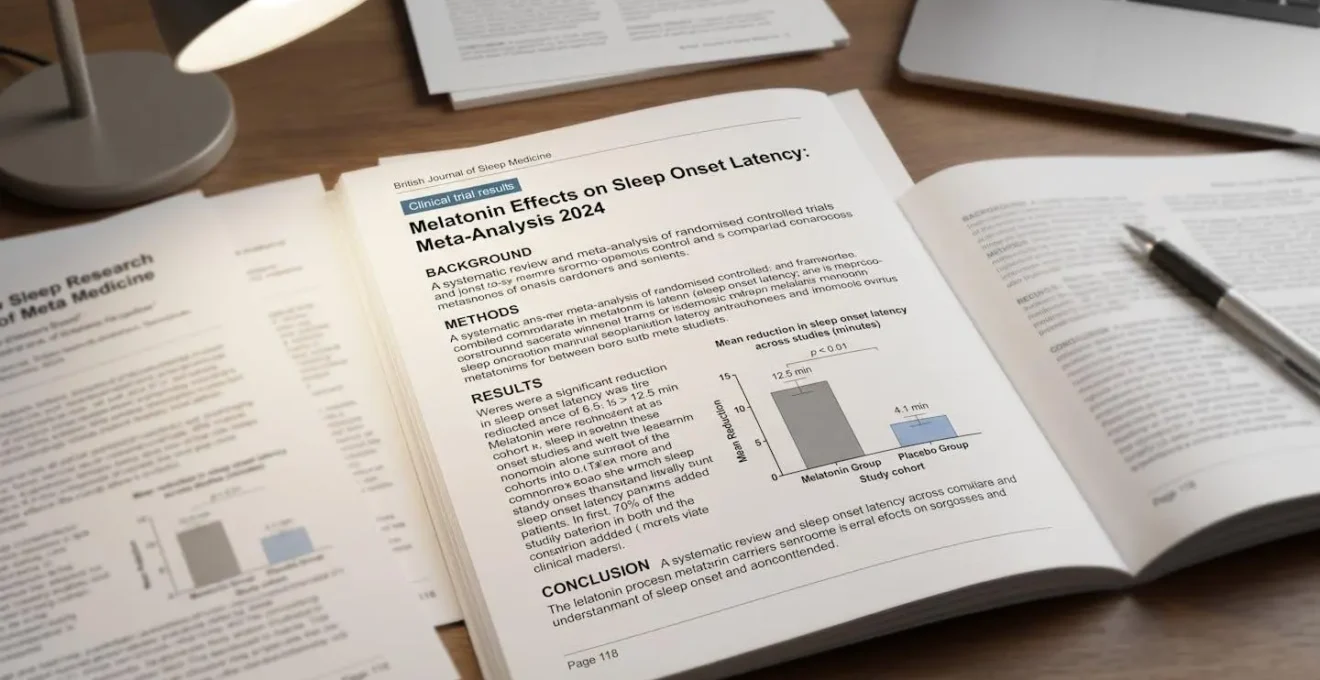 Open peer-reviewed scientific journal displaying clinical trial results and meta-analysis data on melatonin sleep onset efficacy with bar graphs and academic research formatting