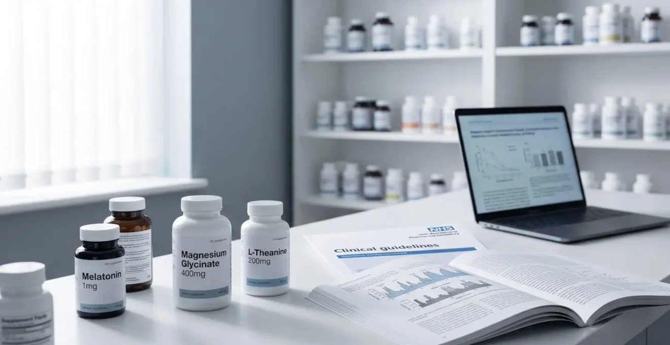Modern pharmacy consultation workspace with sleep supplement bottles labelled melatonin, magnesium and L-theanine alongside scientific research materials and NHS guidelines in soft natural lighting
