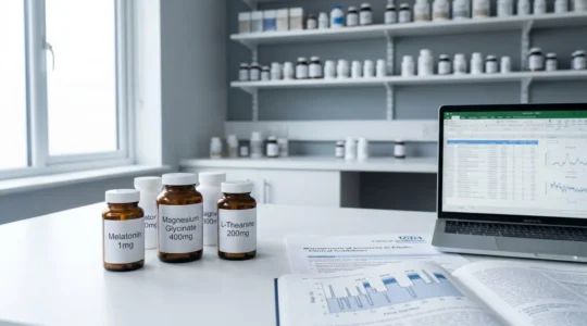 Modern pharmacy consultation workspace with sleep supplement bottles labelled melatonin, magnesium and L-theanine alongside scientific research materials and NHS guidelines in soft natural lighting