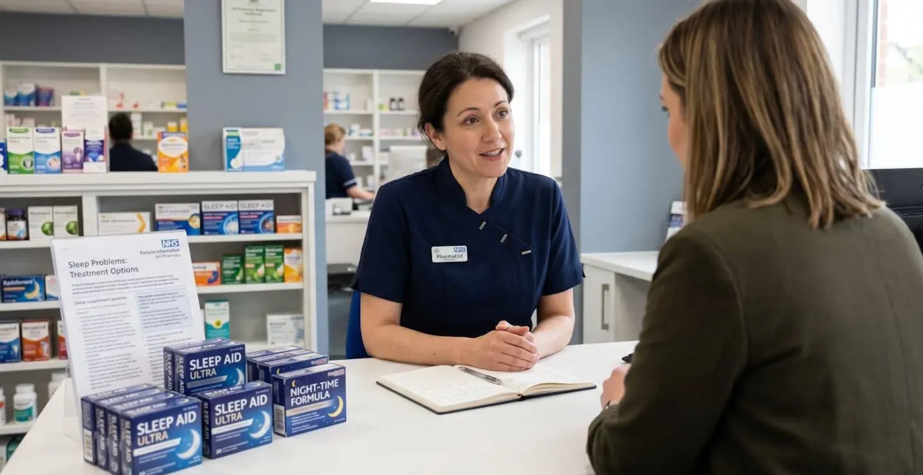 Professional UK pharmacy consultation scene with pharmacist advising customer on sleep supplement options across modern counter with NHS patient information materials and supplement products