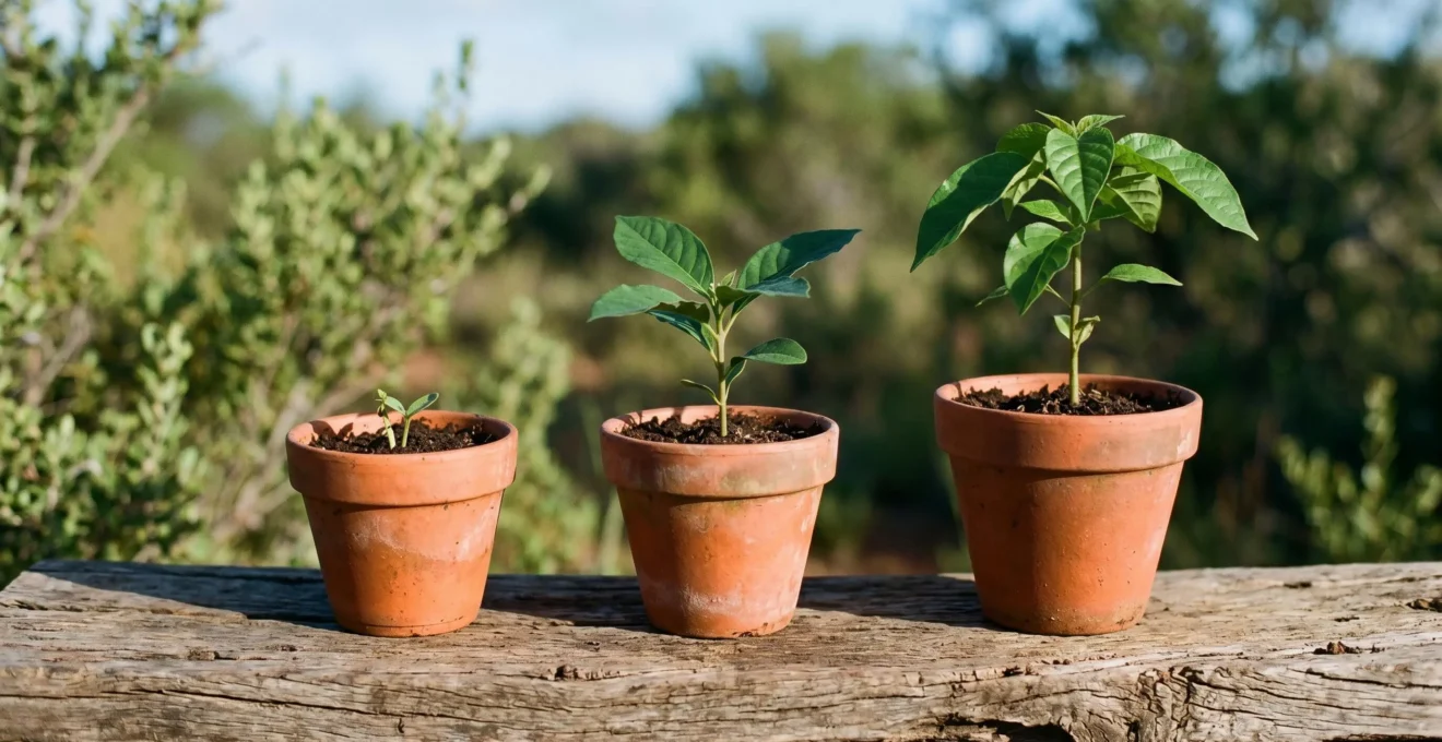 Three terracotta pots containing indigenous seedlings at progressive growth stages from sprout to young plant on wooden surface in natural light