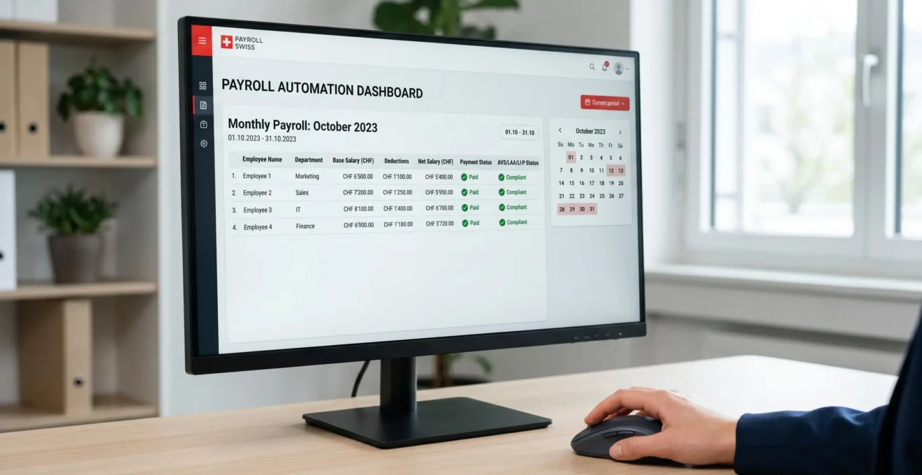 Payroll automation software dashboard displaying employee payment schedules, CHF salary amounts, and Swiss social insurance compliance status with green checkmarks