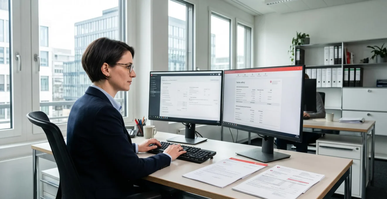 Payroll specialist in contemporary Swiss office reviewing employment contracts and AVS social insurance documentation on dual monitors with physical forms on desk