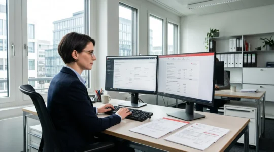 Payroll specialist in contemporary Swiss office reviewing employment contracts and AVS social insurance documentation on dual monitors with physical forms on desk