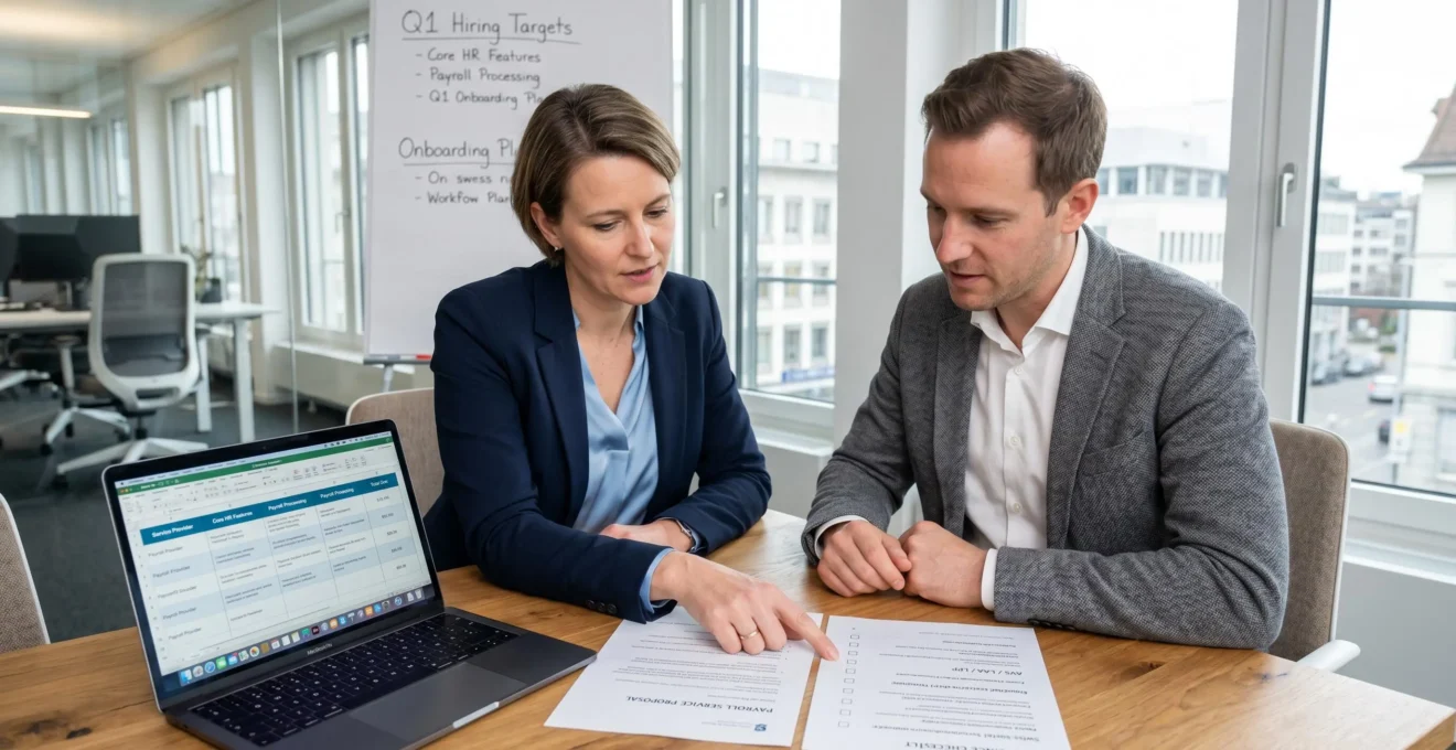 Two scaleup business leaders reviewing payroll service provider proposals and Swiss compliance checklists at meeting table with laptop